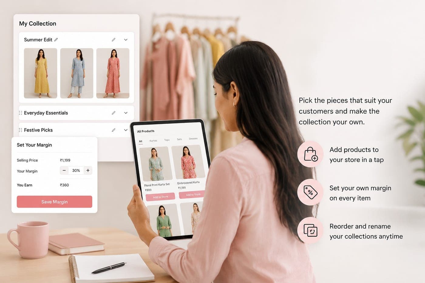 A SheScale reseller choosing products for her store and setting her own margin on a tablet