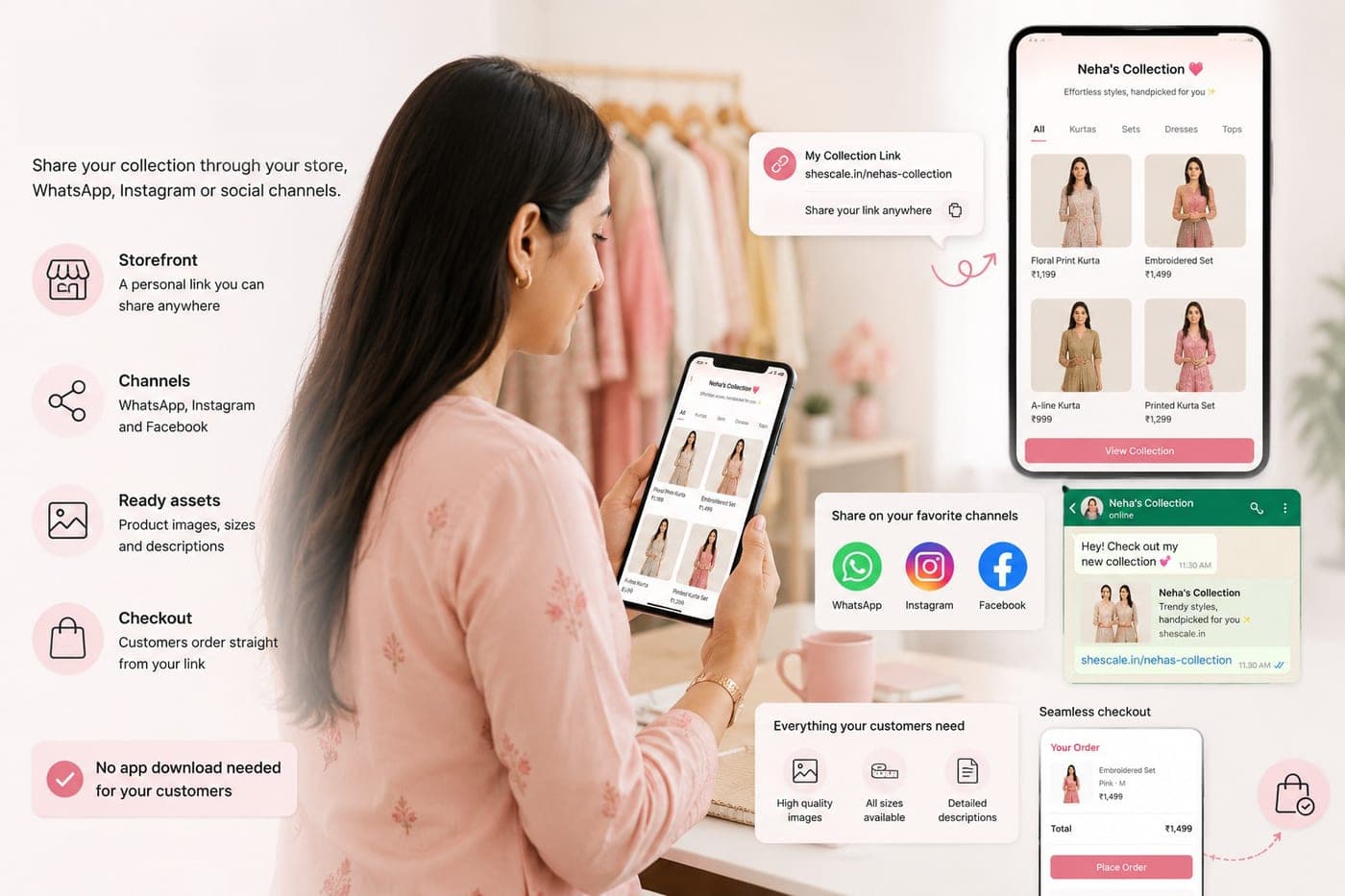 A reseller sharing her SheScale storefront link on WhatsApp and Instagram from her phone
