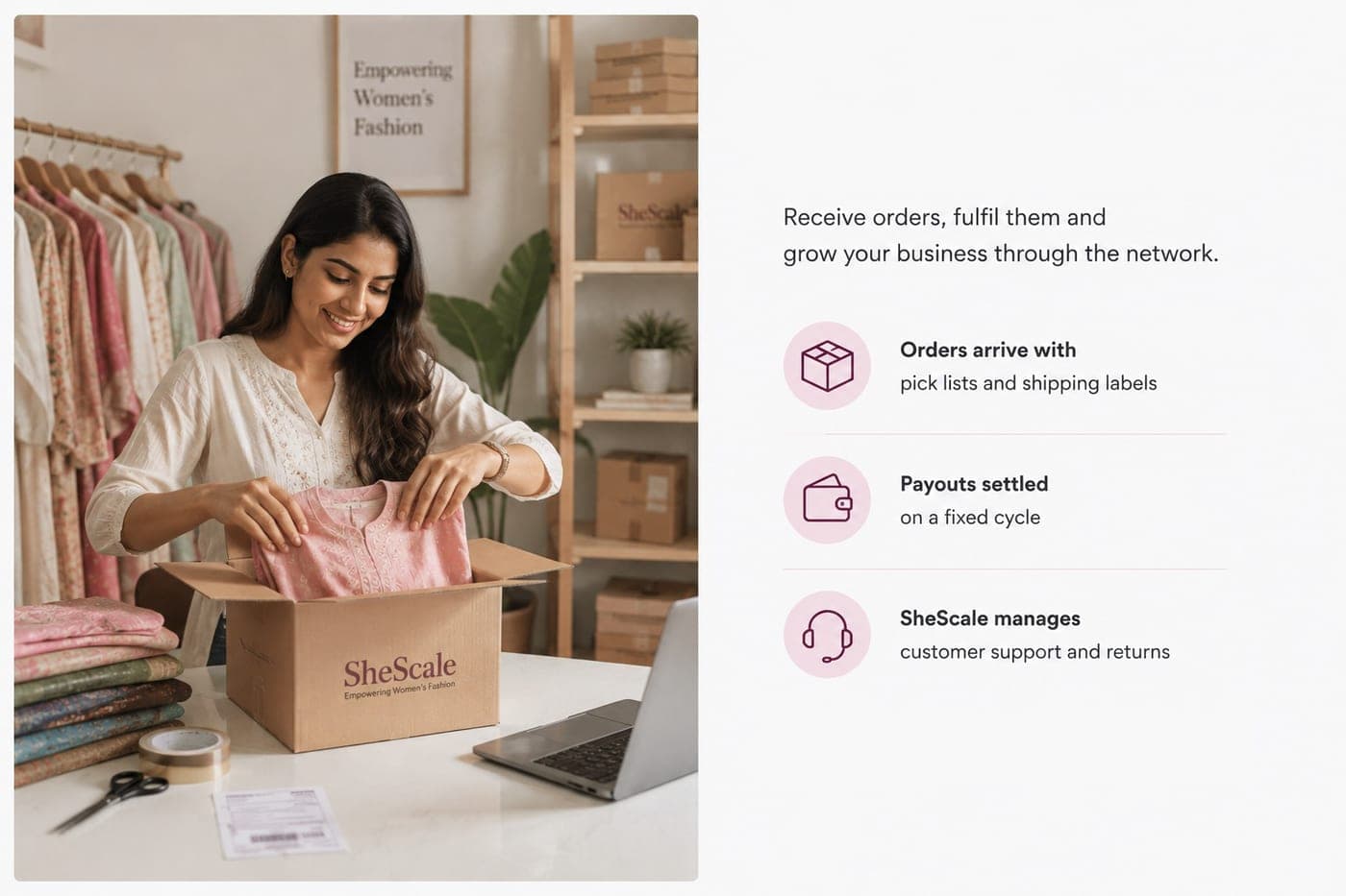 A seller packing a SheScale order with the pick list and shipping label ready