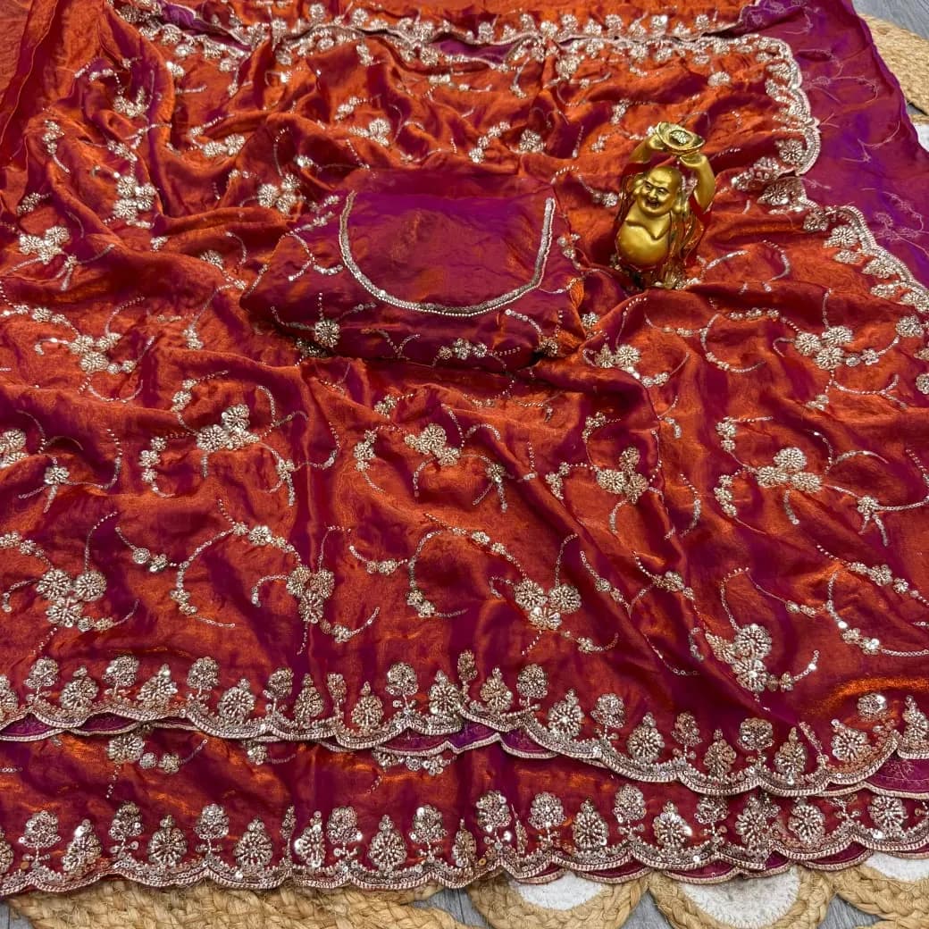 ✨ Grand Velvet Shine Party Wear Saree with Original Gold Beads Work
