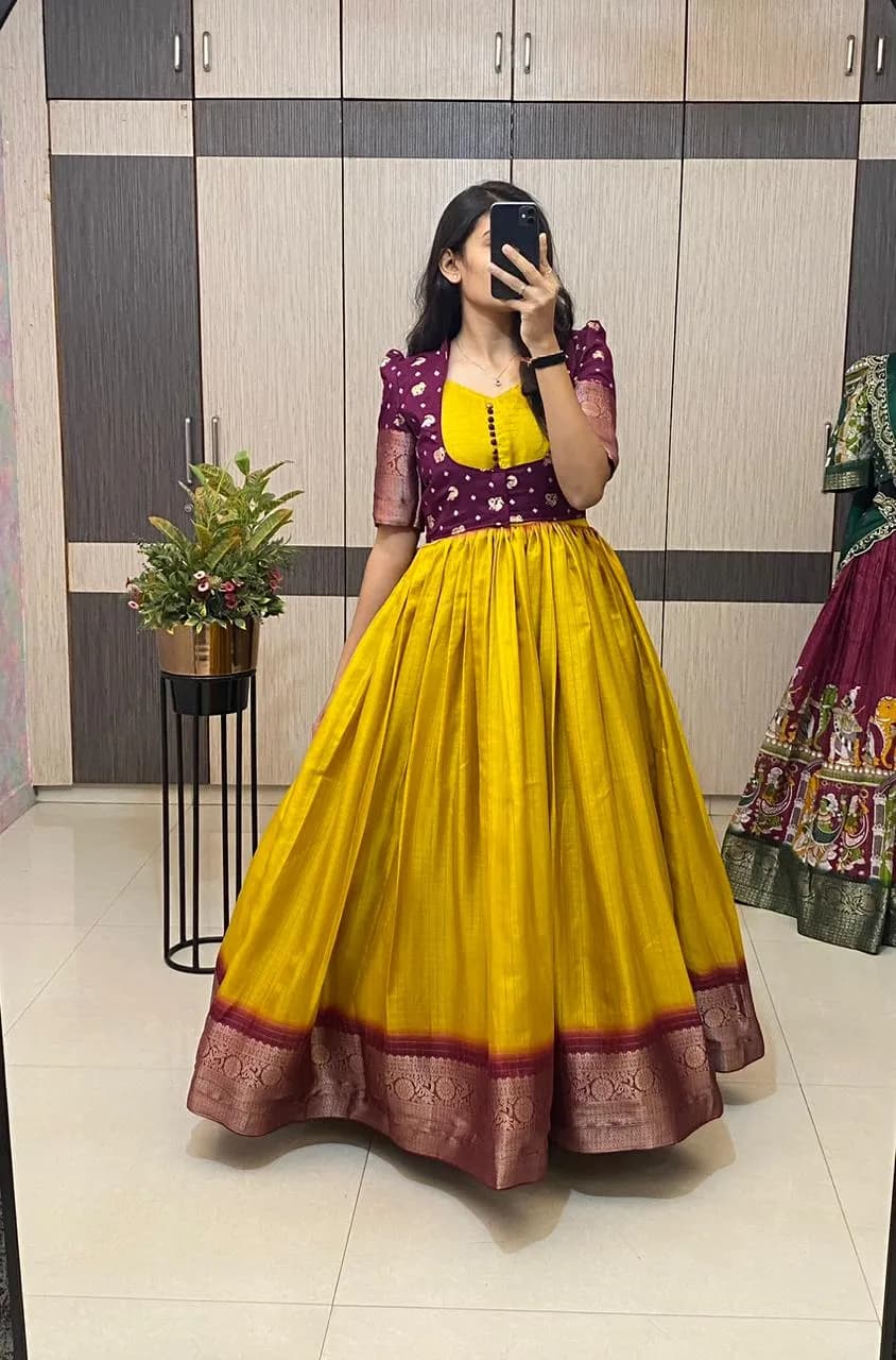 ✨💛 Haldi Special Long Gown With Koti – Premium Festive Elegance Collection 💛✨